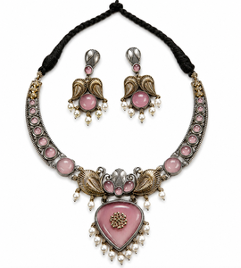 Wholesale Gold Two Tone Oxidized Silver Bezel Setting Monalisa Pink Stone Bridal <b>Necklace</b> Earring Set Direct Factory Supplier - Product Image 1