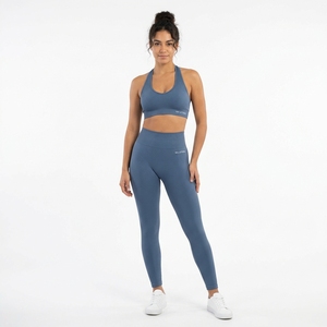 Women Blue Ribbed Halter <b>Crop</b> Sports Bra High Waist <b>Leggings</b> Yoga Set Gym Fitness Workout Activewear Set - Product Image 2