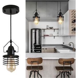 Lampada a Sospensione Nera in Metallo a Gabbia per Sala da Pranzo, Attacco E26, 1 Luce, Paralume a Molla [Senza Lampadina] [Lampadari e Lampade a Sospensione] - Product Image 1