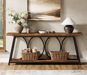 Mesa Consola Moderna de Madera con Estructura Metálica y Base de Trípode, Mueble de Sala de Estar con Almacenamiento, Diseño Industrial - Product Image 2