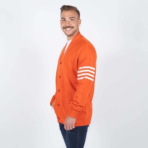 Women's Orange <b>Knitted</b> <b>Cardigan</b> Long Sleeve V-Neck Solid Color Casual Button Front Sweater With <b>White</b> Stripes On Sleeve - Product Image 4