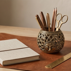 Support de bougie chauffe-plat, porte-stylo et panier en laiton Dhokra, artisanat tribal en métal, décoration maison et bureau - Product Image 2