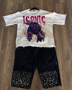 100% algodón de alta calidad Venta caliente Impresión digital Sin dobladillo Hombro caído Camisetas personalizadas y pantalones cortos de diamantes de imitación Fabricante - Product Image 2