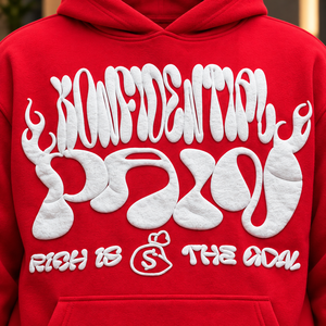 Custom <b>Mens</b> <b>Red</b> Pullover Graphic <b>Hoodie</b> Heavyweight Fleece Oversized Streetwear Raised Print Hooded Sweatshirt Kangaroo Pocket - Product Image 3