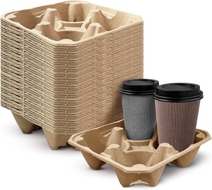 Heavy Duty Molded Fiber Drink Carrier 4 <b>Cup</b> Tray for Hot and Cold Beverage Takeaway <b>Cup</b> Holder for Food Service Industry Use - Product Image 4