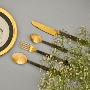Juego de Cubiertos de Acero Inoxidable Dorado de Diseño, con Mango Rústico Negro, Cuchara, Tenedor y Cuchillo Premium para Cocina - Product Image 6
