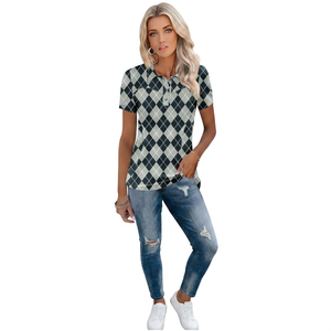 Polo pour femme à motif Argyle, manches courtes, décontracté, respirant, en polyester tissé - Product Image 3