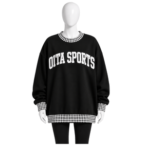 <b>Mens</b> <b>Black</b> Oversized Crewneck <b>Sweatshirt</b> Gingham Check Trim Long Sleeve Casual Pullover Fashion Streetwear Athletic Sports Top - Product Image 1
