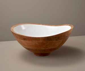 Lujosa Tazón de Madera de Mango Hecha a Mano con Interior Esmaltado en Blanco, Tazón Grande para Ensaladas y Frutas, Ideal para Decoración del Hogar - Product Image 1