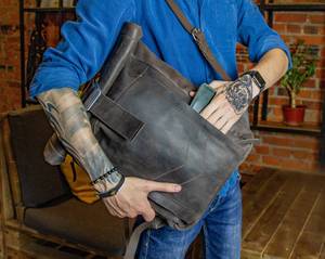 Premium <b>Black</b> Leather Roll Top <b>Backpack</b> Sleek Professional Laptop Rucksack For OEM ODM Orders LTBP-0215 - Product Image 1