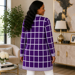 Cosh International Sorority Sisterhood Acrylic <b>Purple</b> Plaid Knitted Long <b>Cardigan</b> Anti Pilling Office <b>Cardigan</b> Design - Product Image 4