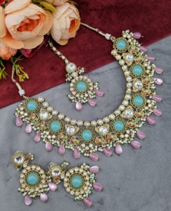 Round Uncut Stone Kundan Necklace With Matching Earring And Mangtika Designer Fashion Antique Gold Plated <b>Jewellery</b> Manufacturer - Product Image 1