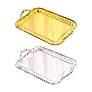 Luxury Beaded Metal Serving Tray <b>Gold</b> Silver <b>Rectangular</b> Decorative <b>Mirror</b> Polished Tea Coffee Trays for Wedding Home Decor - Product Image 1