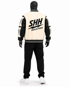 Unisex Cream Black Varsity Jacket Faux Leather Sleeves Bone Applique Snap <b>Button</b> Streetwear Bomber Custom Logo College Style - Product Image 4