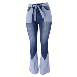 Pantalon en jean évasé taille haute color block pour femme – Meilleur prix – Jean évasé très extensible avec poches coupées pour femme – Vente en gros - Product Image 2