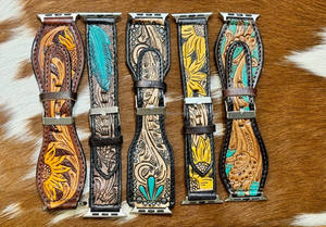 Nouveau design personnalisé bracelet de montre en cuir peint usiné à motifs floraux occidentaux bracelet de montre en cuir véritable sculpté bracelet de montre de remplacement Boho - Product Image 2