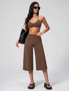 Conjunto de Yoga de 2 Piezas Color Marrón, Top Corto con Cuello Halter en V Profundo, Pantalones de Cintura Alta y Pierna Ancha hasta la Pantorrilla, Transpirables, de Spandex y Poliéster, Sin Costuras - Product Image 2