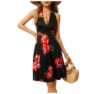 Robe d'été sans manches pour femme, col halter, motif floral, avec poches, taille élastique, mini-robe à volants, collection Printemps 2026 - Product Image 1