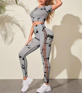 Gray Tie-Dye Racerback Crop <b>Top</b> High Waist Leggings 2 Piece Yoga Set With <b>Mesh</b> Cut-Out Full Length Spandex Polyester - Product Image 1