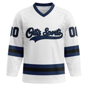 Men White Navy Sublimated <b>Ice</b> Hockey V Neck Striped Jersey Polyester Sports Shirt Team Wear Match Training Athletic Apparel - Product Image 1