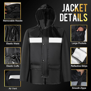 Traje Impermeable para Hombre, Negro, Transpirable, Ecológico, 100% Poliéster, con Franjas Reflectantes, Chaqueta con Capucha y Pantalones para Uso en Exteriores - Product Image 5