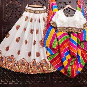 FASHIONABLE COTTON CHAIN STITCH WITH MIRROR WORK <b>LEHENGA</b> CHOLI WITH DUPATTA <b>WHITE</b> - Product Image 1