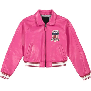 <b>Pink</b> PU Bomber <b>Jacket</b> With Embroidered Patch Design Turn-Down Collar Zipper Closure Streetwear Style Short Length - Product Image 5