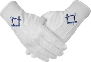 Guantes masónicos bordados con cuadrado y compás en azul marino, 100% algodón, talla única para la mayoría - Product Image 2