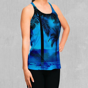 Camiseta sin mangas para mujer con estampado de palmeras azules, cuello redondo, tejido casual, transpirable, 100% poliéster, estampado por sublimación. - Product Image 3