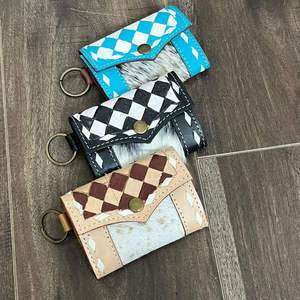 Venta al por mayor de moda a mano de cuero de vaca monedero Mini llavero carteras blanco y turquesa patrón a cuadros pequeña bolsa - Product Image 4