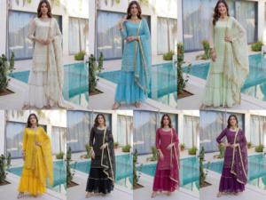 Nouvel ensemble Sharara Gharara Kurti traditionnel indien brodé pour l'hiver, en tissu Faux Georgette, coupe ample, style pakistanais de créateur - Product Image 4