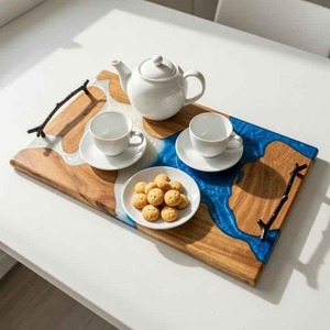 Plateau de service en bois et résine époxy de qualité supérieure, fait main, avec grain de bois naturel, pour cuisine, salle à manger et cadeaux, en vente - Product Image 2