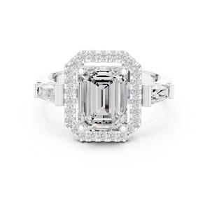 Anillo de compromiso y boda con halo de oro macizo de 14k, esmeralda de 2 quilates certificada por IGI y diamantes de laboratorio con corte baguette cónico para mujer - Product Image 6