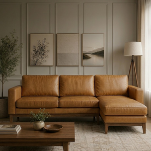 Sofá Seccional Clásico de Cuero Genuino con Chaise Longue y Otomana para Sala de Estar de Hotel, Muebles de Lujo para el Hogar - Product Image 1