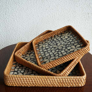 Plateau de service en rotin avec incrustation de nacre, assiette décorative tressée pour café, pain, fruits, décoration intérieure - Product Image 5