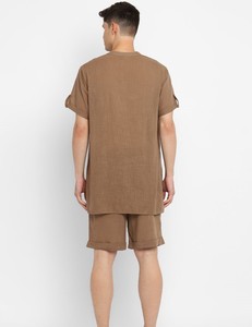 Ensemble T-shirt et short pour homme, couleur marron unie, manches courtes, col Henry, vêtements décontractés d'été, coton tissé respirant - Product Image 3