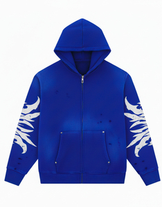 Men's Black Hooded Zip-Up Sweatshirt With White Flame Print On Sleeves Streetwear Style Regular Fit 100% Polyester French Terry - Product Image 3