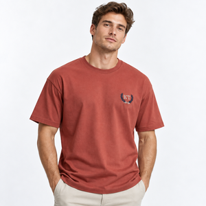 T-shirt en coton à manches courtes pour homme, logo brodé rouge orangé, coupe classique, style décontracté, col rond, jersey tricoté - Product Image 3