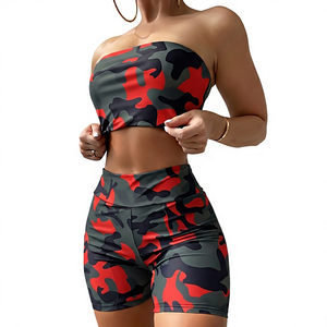 Women's Solid Two Piece Set Strapless Tube Top <b>High</b> Waist Shorts Breathable Skinny Fit Sporty Fitness Wear Red Black Gray - Product Image 1
