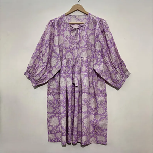 Vestido Midi Informal de Algodón para Mujer con Mangas Abullonadas, Cintura Imperio, Estilo Babydoll, Vestido de Verano, 100% Algodón, Corte Holgado, Cuello en V, Túnica - Product Image 1