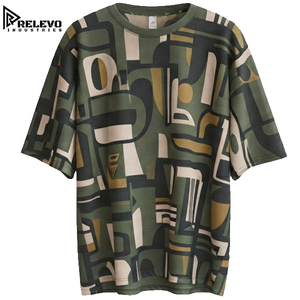 เสื้อยืดโอเวอร์ไซส์ลายกราฟิกนามธรรมคุณภาพสูงสำหรับผู้ชาย สีเขียวมะกอก แขนยาว สตรีทแวร์ ผ้าฝ้าย 100% ปรับแต่งได้ - Product Image 1