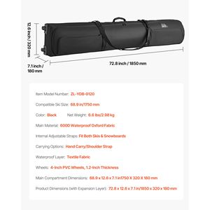 Sac à roulettes pour ski en tissu Oxford imperméable 600D, sac rembourré pour snowboard avec roues pour les voyages en avion jusqu'à 68,9 pouces/175 cm, sangles réglables - Product Image 4