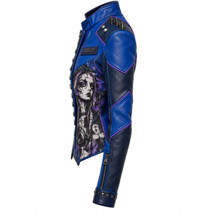 Royal Blue <b>Women</b> Genuine Leather Biker Jacket Custom Asymmetric <b>Wrap</b> Studded Photographer Graphic <b>Coat</b> OEM Factory Service - Product Image 4