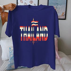 เสื้อยืดแขนสั้นคอกลมผ้าถักพิมพ์ลายธงชาติไทยสไตล์วินเทจสำหรับผู้หญิง ผ้าฝ้ายแท้ 100% สวมใส่สบายสไตล์ลำลอง - Product Image 2