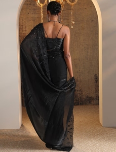Sari de fiesta KV con borde de seda adornado con cuentas negras, blusa sin coser, sin arrugas, hasta la rodilla - Product Image 3
