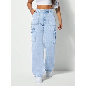 Jeans cargo pour femmes en denim bleu glace style rétro vintage multipoches, écologiques, respirants, style streetwear, 100% coton - Product Image 3