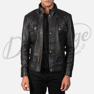 Veste de terrain en cuir noir pour homme, coupe ajustée, en véritable peau de mouton, manteau d'hiver multi-poches, col à boucle, vêtement d'extérieur décontracté et utilitaire - Product Image 4
