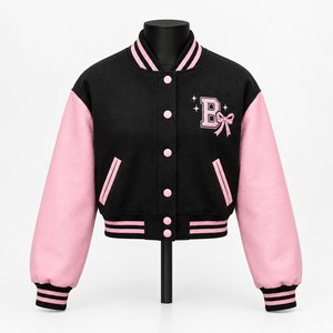 Chaqueta Varsity Negra para Mujer, Estilo Letterman, Manga Larga, Logotipo Bordado, Cuello Camisero, para Otoño - Product Image 1