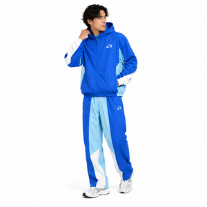 Survêtement unisexe bleu uni à blocs de couleur, à capuche, manches longues, pantalon décontracté sportif avec cordon de serrage, respirant, 100 % coton épais - Product Image 5