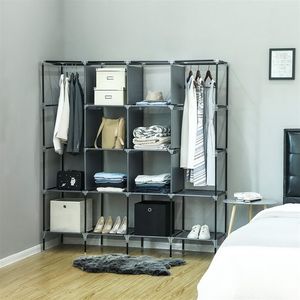 67\" Gray Portable Wardrobe 12-Shelf <b>Clothes</b> <b>Storage</b> Rack with 4 Side Pockets - Product Image 6